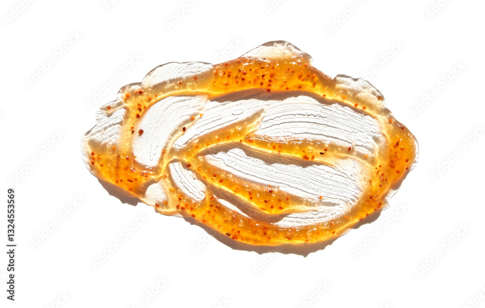 Smear of white cream with orange speckles on white background. Smear of white cream with orange speckles on white background.