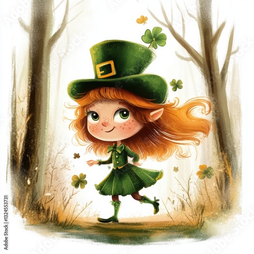 Cute girl Leprechaun fairy and green decorations of St. Patrick’s Day.