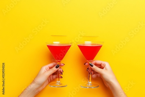 Two hands are holding glasses of red cocktail on a bright yellow backdrop. Cheers to the moment with the elegant drinks and stylish presentation.