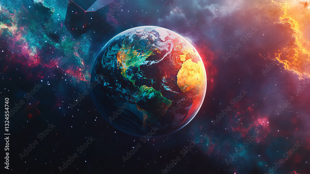 Obraz premium Abstract Planet in Space polygonal, geometry triangle. Light connection structure. Low poly vector background. Business concept