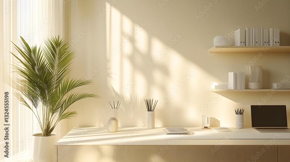 Obraz premium Minimalist workspace setup with modern stationery and potted plant for office design inspiration – Generative AI