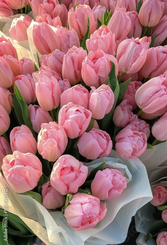 Freshly Picked Pink Tulips Displayed in Vibrant Bouquets at a Local Market