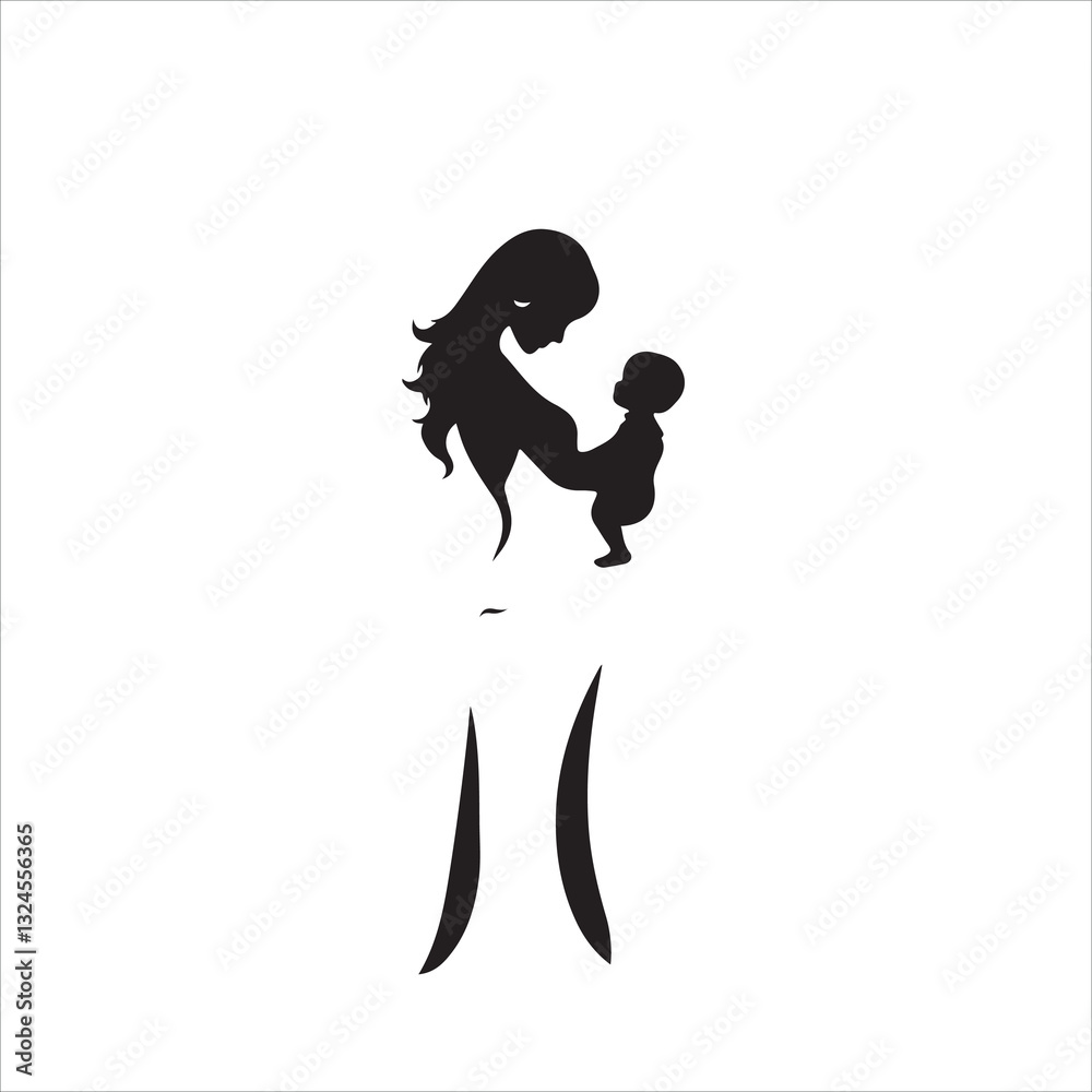 A timeless and elegant black and white vector logo silhouette of a mother and child against a white background. The design uses geometric shapes and clean lines, focusing on balance and symmetry. A timeless and elegant black and white vector logo silhouette of a mother and child against a white background. The design uses geometric shapes and clean lines, focusing on balance and symmetry.