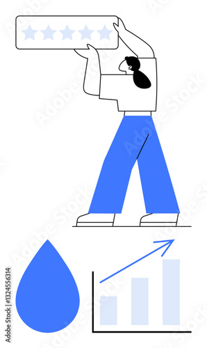 Human figure grasping a rating board, signifying quality or feedback. Water drop and upward graph convey sustainability, progress, success. Ideal for performance evaluation, growth, feedback