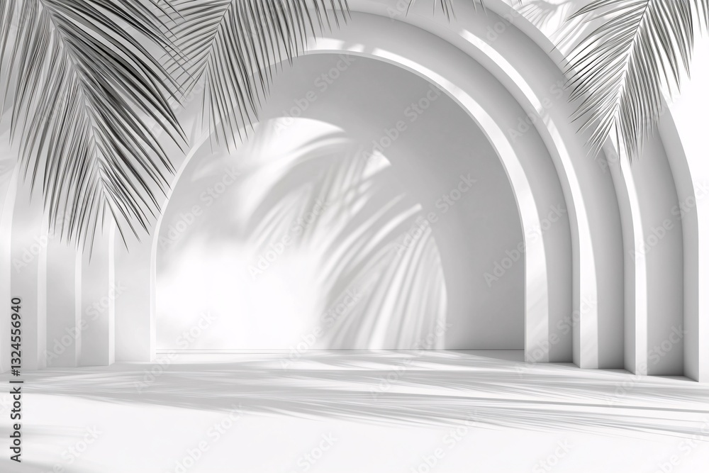 Naklejka premium Minimalist white wall with palm leaf shadows and sunlight from window