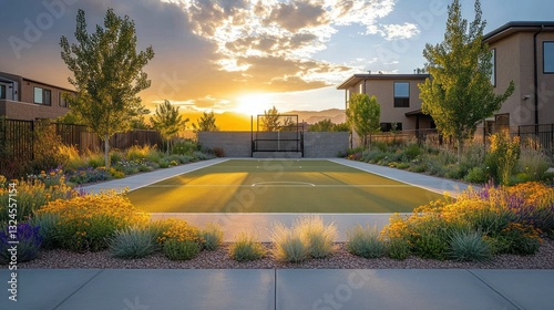 Sunset illuminates landscaped backyard sports court photo