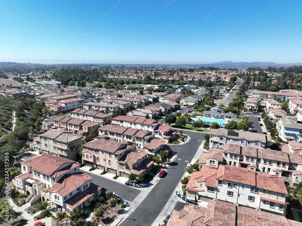 Aerial view of middle class community identical condominium apartment, Oceanside, South California, USA.