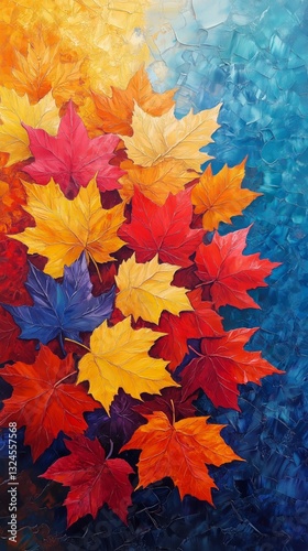Colorful Autumn Leaves in Shades of Orange, Red, and Yellow Against a Cool Bl...