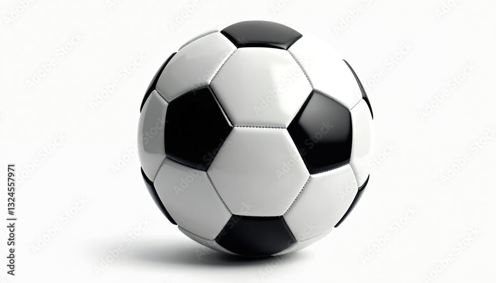 Fototapeta premium Classic soccer ball with black and white panels on clean white background. Football sport equipment for soccer championship, recreation or leisure activity. Team sport, game play concept.