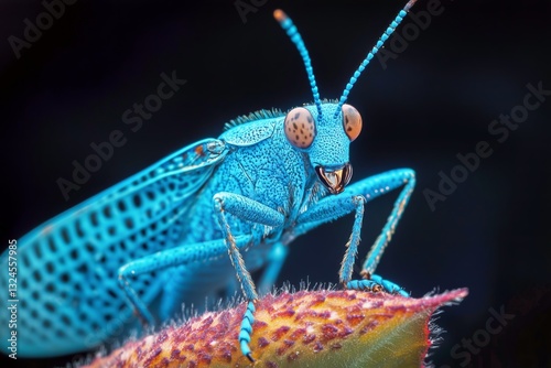Close-up View of a Vibrant Blue Insect Showcasing Intricate Details and Struc...