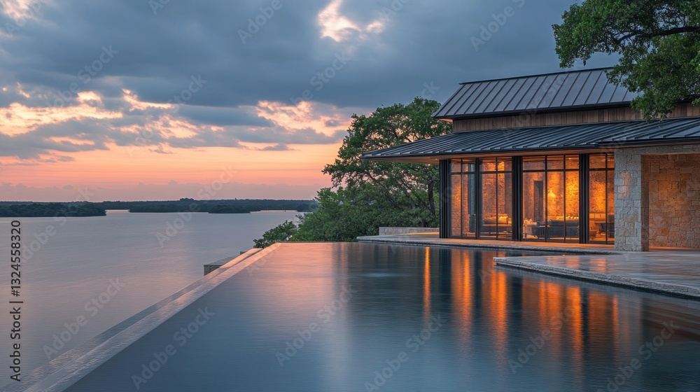 Fototapeta premium Sunset lakefront home with infinity pool