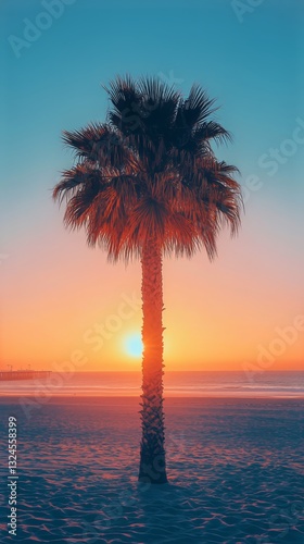 Sunset View Over Tranquil Beach With Silhouette of Palm Tree and Orange Sky