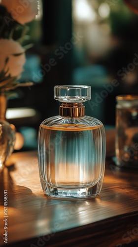 Elegant Glass Perfume Bottle on Wooden Surface in a Softly Lit Interior Space