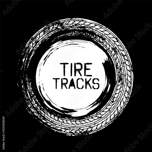 Grunge circle tire track, wheel braking mark. Truck, car or motorcycle tread pattern silhouettes. Auto race, motorsport, speed racing design element. Vector illustration
