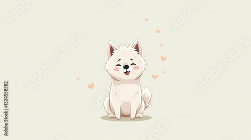 Happy Cartoon Puppy Smiling with Hearts on Beige Background