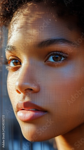 Close-up of a Young Woman With Captivating Blue Eyes Reflecting Urban Lights ...
