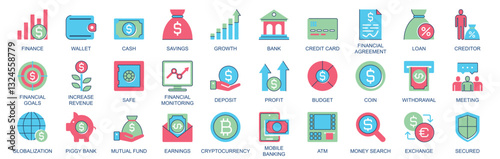 Finance icon set in flat color icons web design. Pack pictograms with wallet, cash, savings, growth, bank, credit card, financial agreement, loan, goal, increase, revenue, other. Vector illustration.