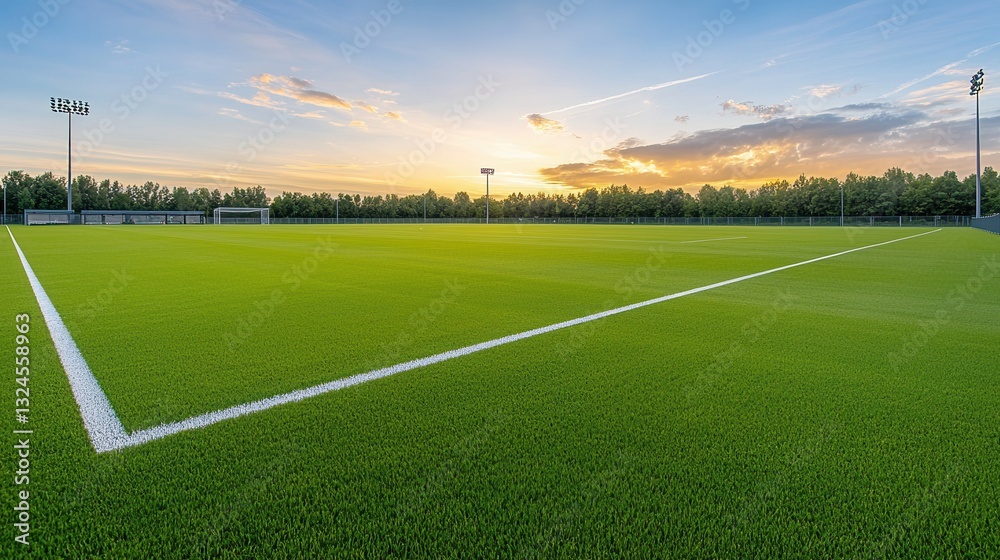 Obraz premium Lush green sports field illuminated by the warm glow of the setting sun creating a serene and inviting atmosphere for athletic activities and events