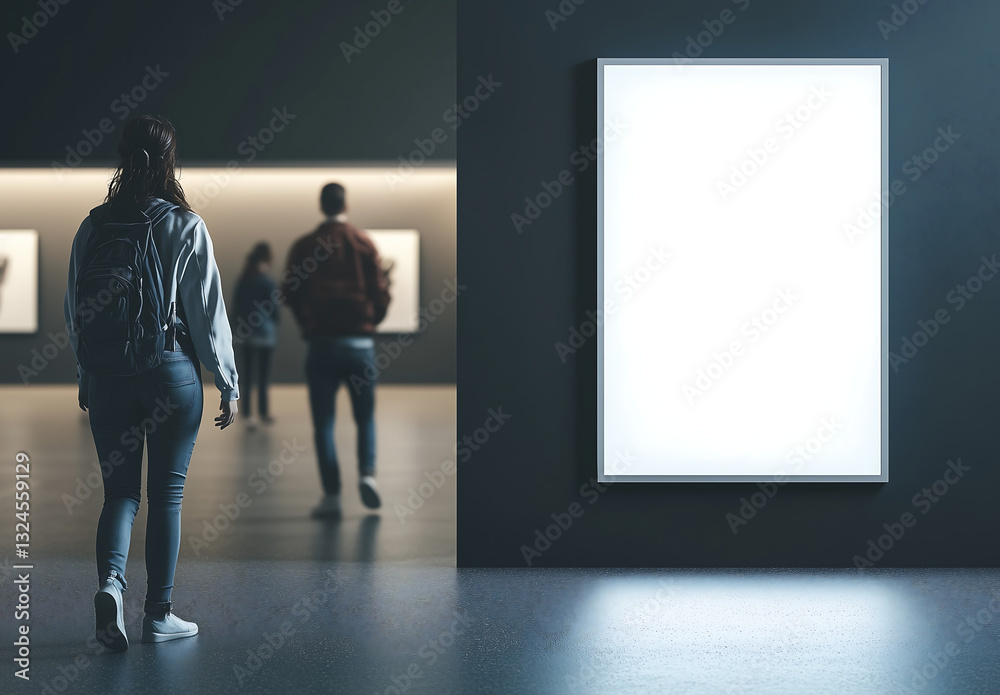 Fototapeta premium Large empty poster frame mockup in modern exhibition space with visitors observing artwork