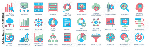 Data analytics icon set in flat color icons web design. Pack pictograms with database, server, analysis, monitoring, cloud computing, research, analyst, machine learning, other. Vector illustration.