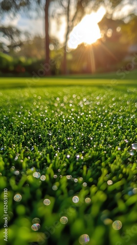 Morning Dew Glistens on Grass Blades in a Lush Garden Setting During Sunrise