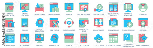 Online education icon set in flat color icons web design. Pack pictograms with teaching, class, school, mentor, tuition, cost, learning, platform, student, academy, e-book, other. Vector illustration.