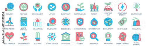 Wallpaper Mural Ecology icon set in flat color icons web design. Pack pictograms with recycle, environment, nature, sustainability, forest, electric car, renewable energy, solar power, other. Vector illustration. Torontodigital.ca
