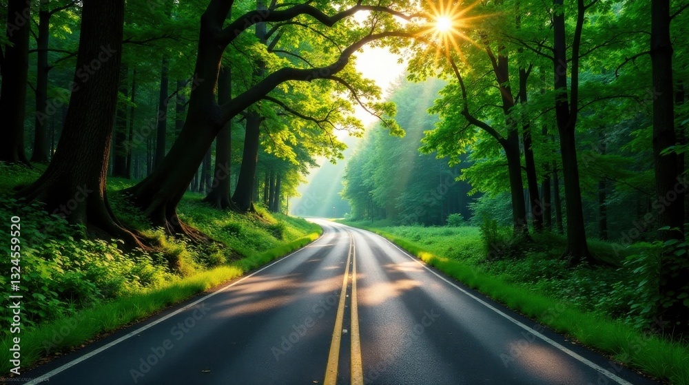Obraz premium Sunlit Forest Road Winding Through Lush Greenery, a Scenic Driveway Beckoning to Adventure