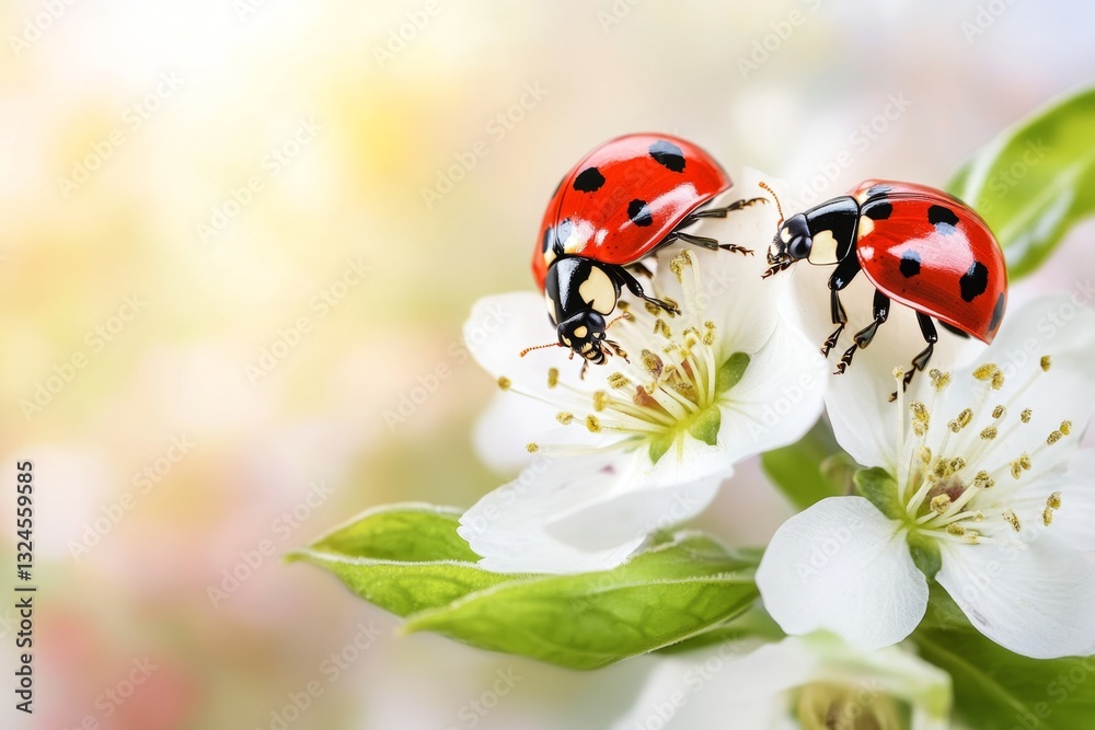 Fototapeta premium A garden scene featuring ladybugs crawling on various plants, creating a lively and colorful environment