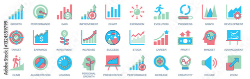 Growth icon set in flat color icons web design. Pack pictograms with performance, gain, improvement, chart, expansion, evolution, progress, development, target, mindset, other. Vector illustration.