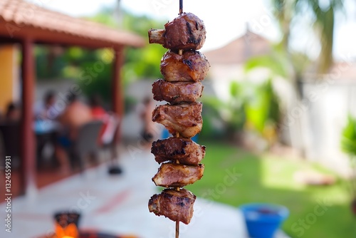 Succulent Skewers: Mouthwatering skewers of grilled meat, enticing viewers with their savory aroma and perfectly cooked texture. set against a backdrop of a backyard BBQ.
