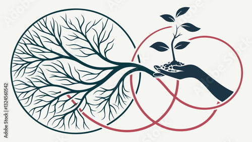 Hand holding plant with roots near tree in circle symbolizes growth and ecology for stock illustration.