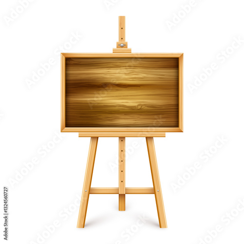 Wooden chalkboard on easel. Blank blackboard in wooden frame on a tripod. Presentation board, writing surface for text, drawing. Online studying, learning mockup. Vector illustration