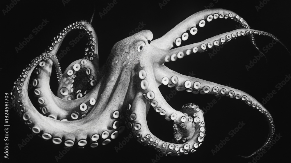 Obraz premium A giant squid's tentacles reaching out of the deep ocean. 