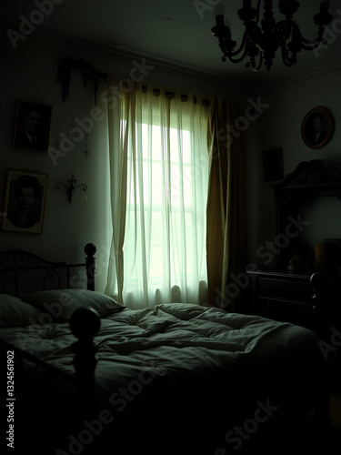 Spooky bedroom, faded photographs, long-dead relatives stare from the walls, their expressions frozen in time