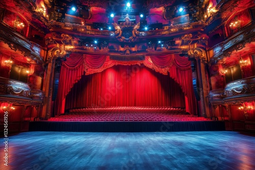 Bright Red Curtains Frame a Modern Theater Stage Ready for a Performance