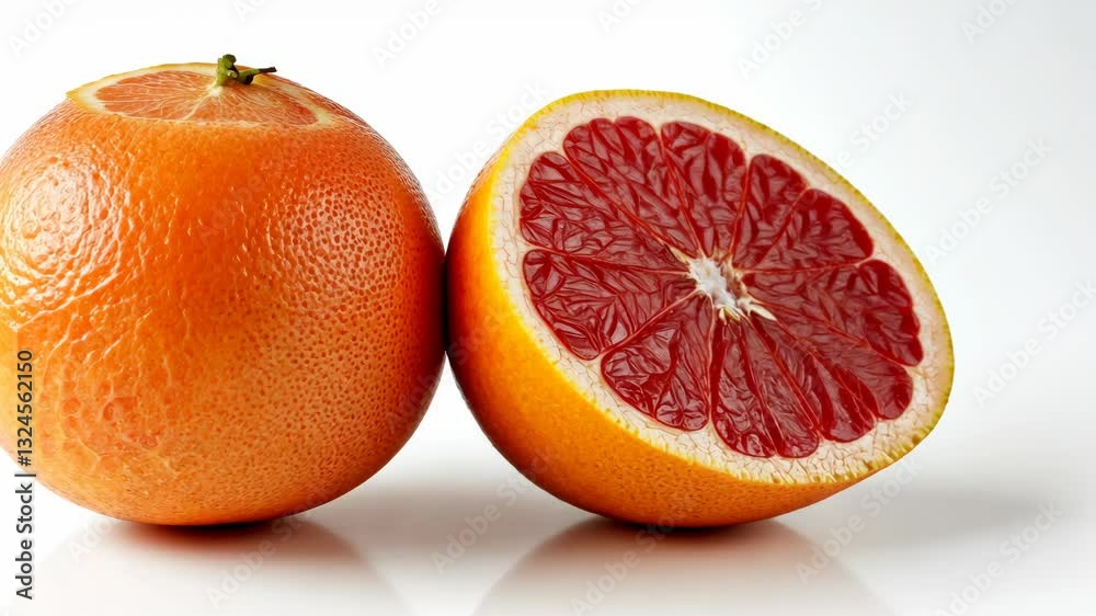 Fresh grapefruit rotation sequence showcasing juicy red interior on white surface Fresh grapefruit rotation sequence showcasing juicy red interior on white surface