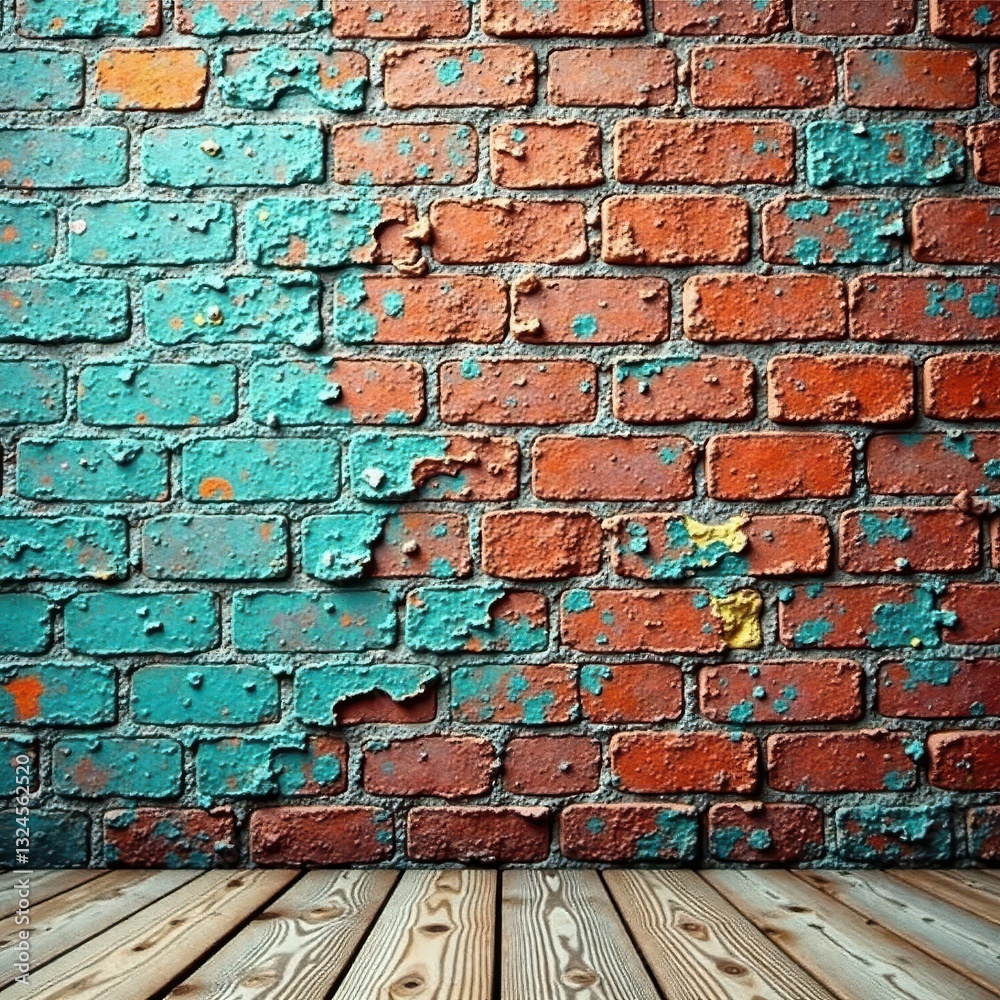 Fototapeta premium Rough brick wall, peeling paint, distressed wood, design, shadow