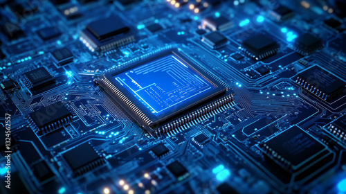 CPU chip on technology blue background. Circuit board and core in the cente tech bg. Semiconductor or CPU processor. Artificial intelligence concept. Vector futuristic illustration. Free text space.