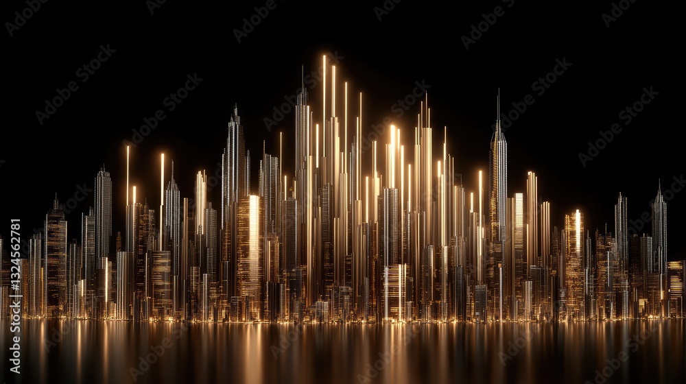 Close-up of a golden line chart against a dark backdrop, highlighting market trends above a blurred city skyline at night Close-up of a golden line chart against a dark backdrop, highlighting market trends above a blurred city skyline at night