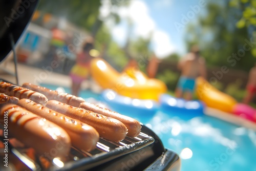 Summer Cookout: A sizzling display of hot dogs on a grill takes center stage against the backdrop of a lively pool party, capturing the essence of summer fun and social gathering. 