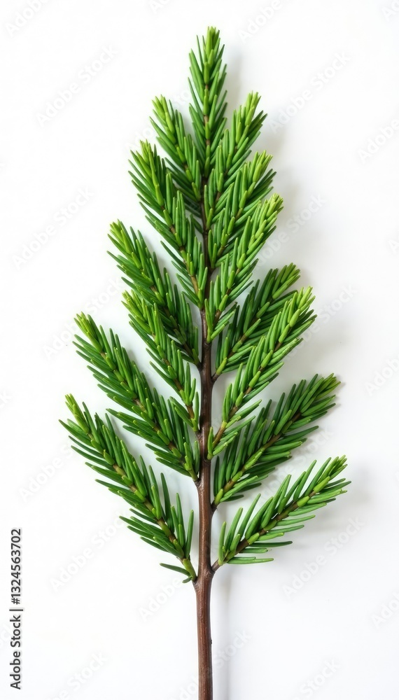 Long isolated cypress tree branch on white paper, minimalist, nature Long isolated cypress tree branch on white paper, minimalist, nature