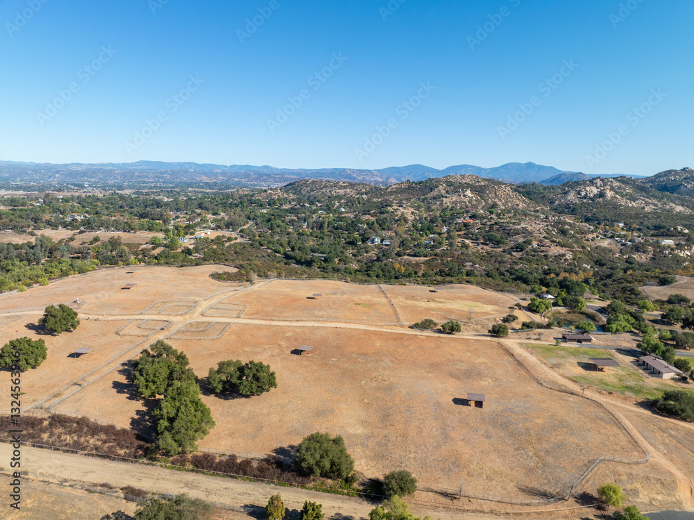 Aerial view of Campsites in the valley of Dos Picos County Park in Ramona, South California, USA