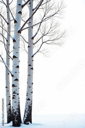 Long silver birch branches against a bright white background, winter, white