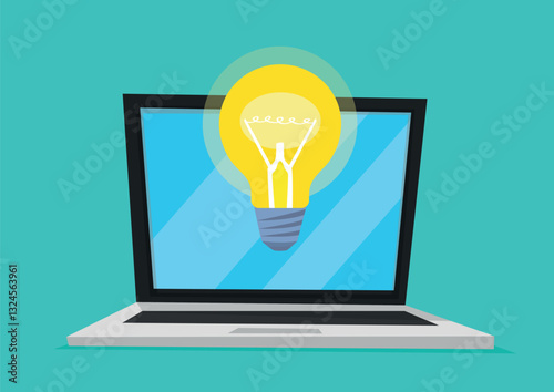 Vector graphic of a glowing light bulb on a laptop screen. Light bulb hand drawn in cartoon style. Idea, concept, enlightenment, brainstorm, work, education.