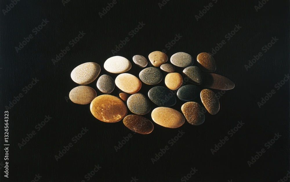 Smooth Stones in Earth Tones Arranged on Dark Background Smooth Stones in Earth Tones Arranged on Dark Background