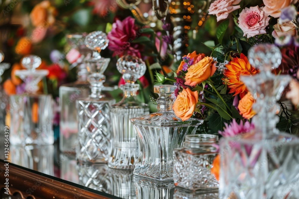 Elegant display of crystal glassware and floral arrangements at a decorative event in a lush garden setting Elegant display of crystal glassware and floral arrangements at a decorative event in a lush garden setting