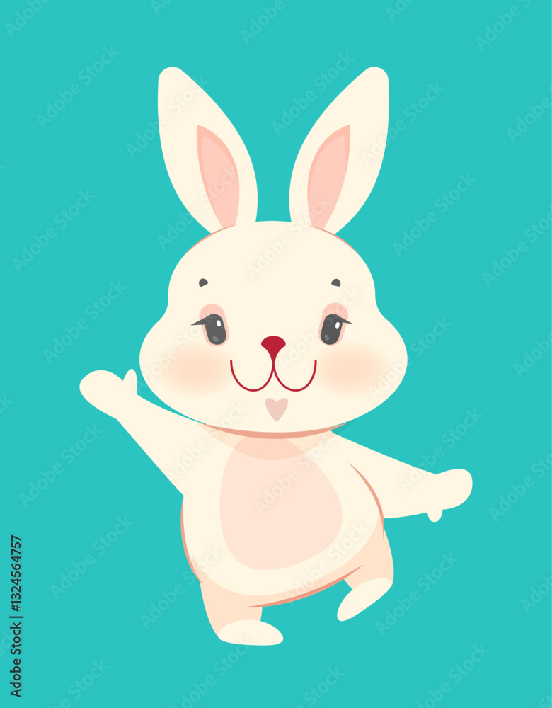 Fototapeta premium Cute bunny waving on turquoise background. Vector illustration