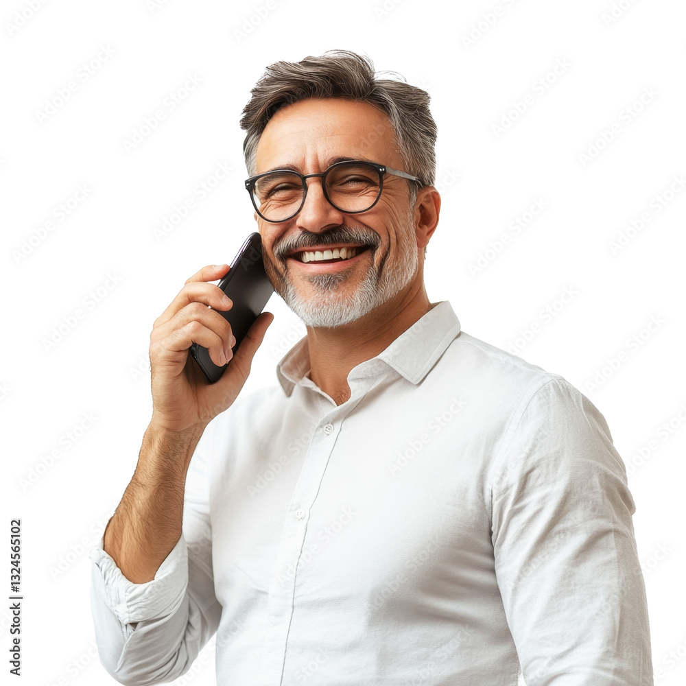 portrait of smiling confident caucasian man with glasses and beard 45-50 years old in white shirt talking on phone, isolate on transparent background portrait of smiling confident caucasian man with glasses and beard 45-50 years old in white shirt talking on phone, isolate on transparent background