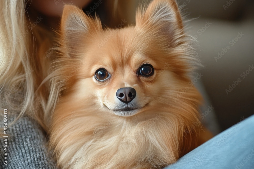 a fluffy pomeranian dog being held. a fluffy pomeranian dog being held.